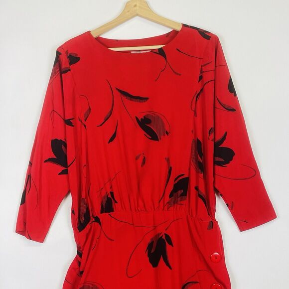 On The Rocks Vintage Red Black Graphic Print 80s Secretary‎ Dress Womens 7 8 - Picture 2 of 13